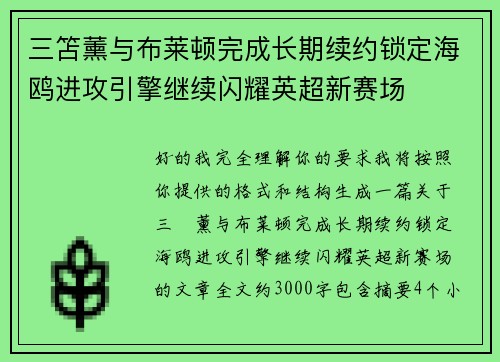 三笘薰与布莱顿完成长期续约锁定海鸥进攻引擎继续闪耀英超新赛场