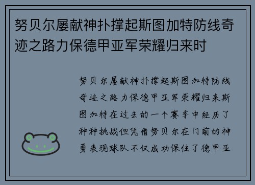 努贝尔屡献神扑撑起斯图加特防线奇迹之路力保德甲亚军荣耀归来时 努贝尔屡献神扑撑起斯图加特防线奇迹之路力保德甲亚军荣耀归来时